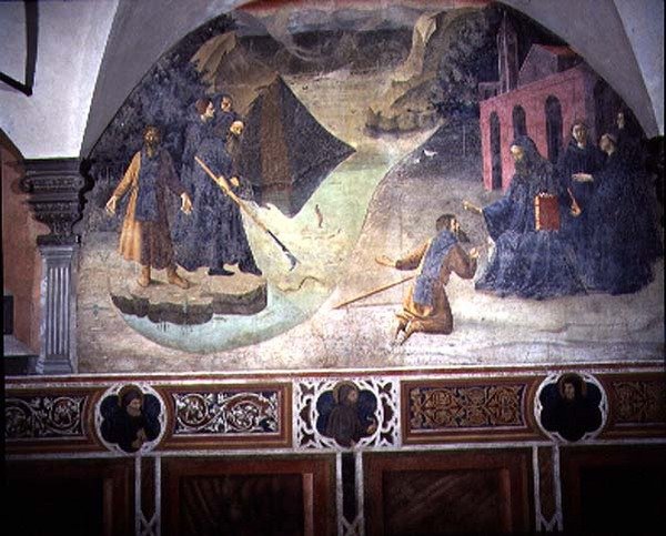 Svatý Benedikt Vyzvedávání dřevorubecké sekery z jezera, detail z cyklu fresek Život sv. Benedikta z Chiostro degli Aranci (Klášter pomerančů) cca 1430 (freska) od Giovanni di Consalvo (attr. to)