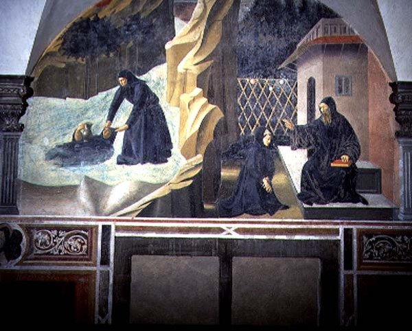 Svatý Benedikt posílá Maura, aby zachránil tonoucího Placiduse z jezera, detail z cyklu fresek Život sv. Benedikta z Chiostro degli Aranci (Klášter pomerančů) kolem 30. let 14. století (freska) od Giovanni di Consalvo (attr. to)