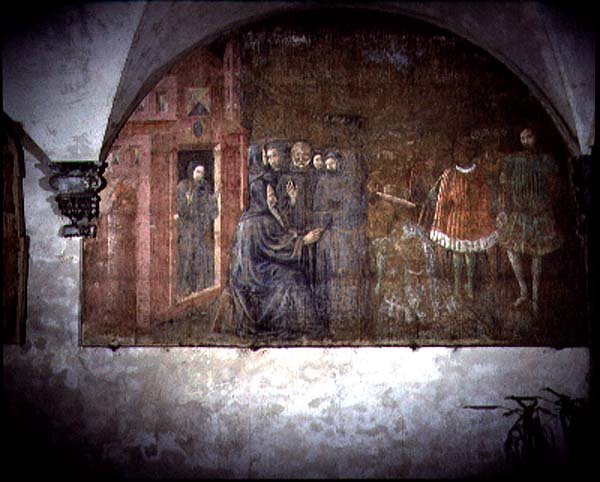Svatý Benedikt a posel od krále Totily, detail z cyklu fresek Život sv. Benedikta z Chiostro degli Aranci (Klášter pomerančů) kolem 30. let 14. století (freska) od Giovanni di Consalvo (attr. to)