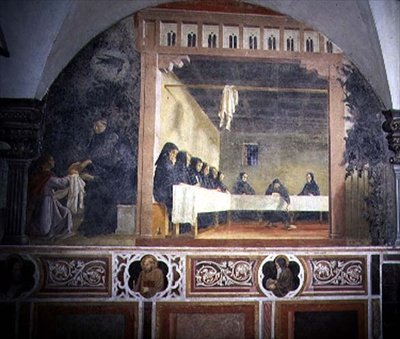 Svatý Benedikt a otrávený chléb, detail z cyklu fresek Život sv. Benedikta z Chiostro degli Aranci (Klášter pomerančů) kolem 30. let 14. století (freska) od Giovanni di Consalvo (attr. to)