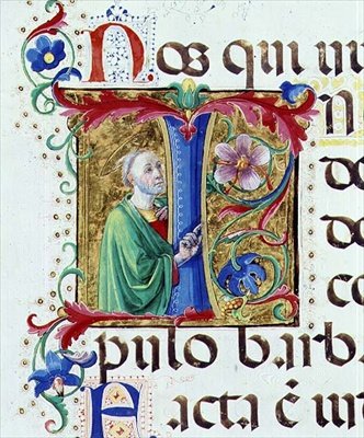 Ms 542 f.44v Historická iniciála „I“ zobrazující mužského světce z žaltáře napsaného Donem Appianem z kostela Badia Fiorentina ve Florencii od Giovanni di Guiliano Boccardi