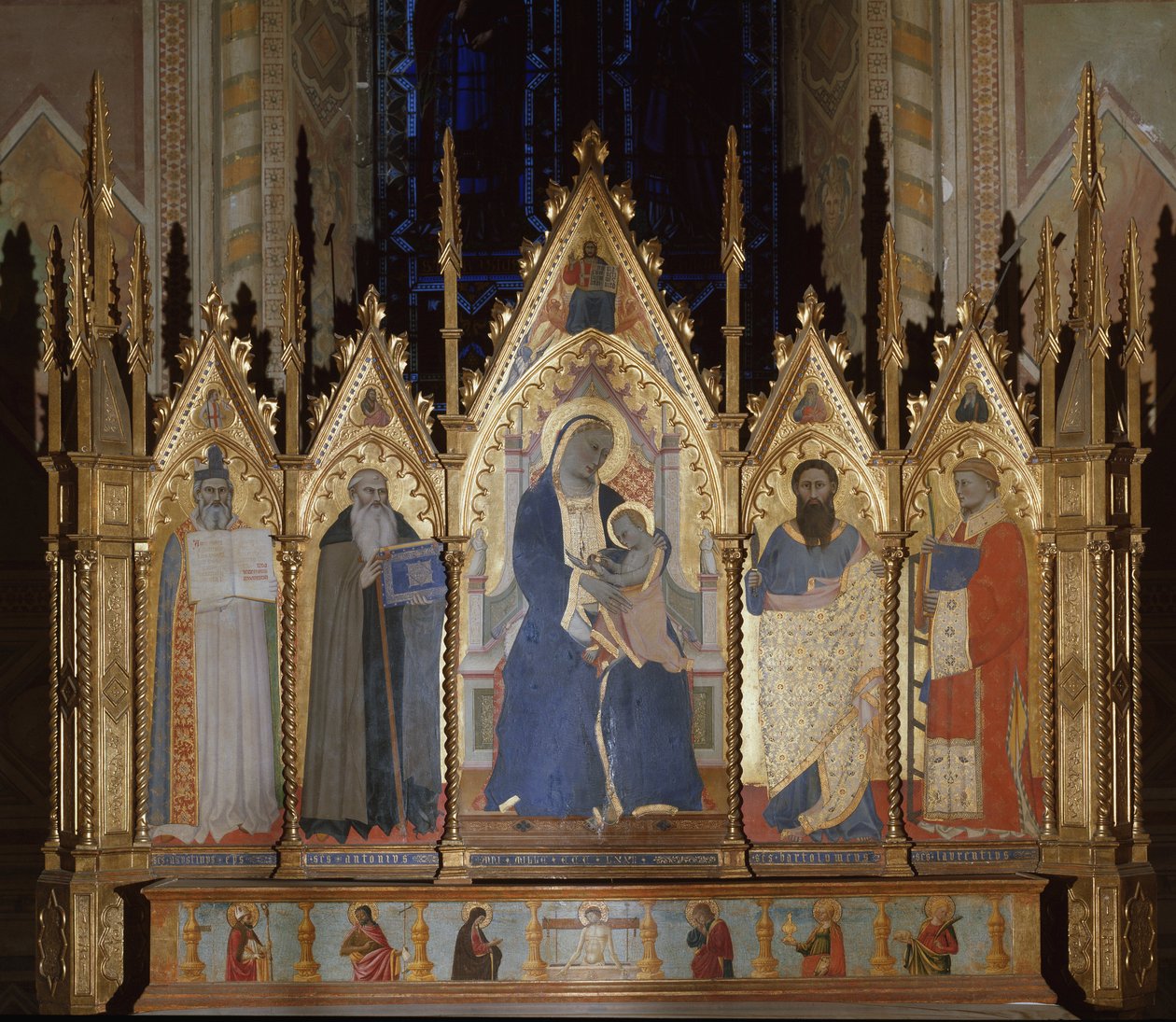 Panna se svatými Augustinem, svatým Antonínem Velikým, svatým Bartolomějem a svatým Vavřincem - tempera na panelu od Giovanni di Niccolo del Biondo
