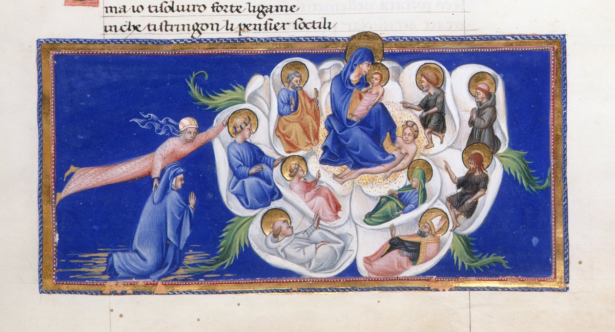 Dante a Beatrice před Pannou a Dítětem, kteří sedí v Nebeské růži, obklopeni různými světci, z Paradiso v 