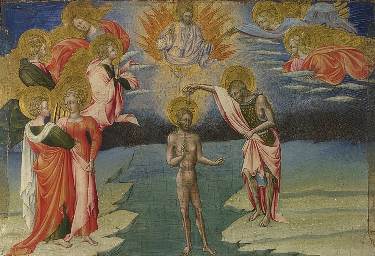 Křest Kristův (Predella). 1454 od Giovanni di Paolo