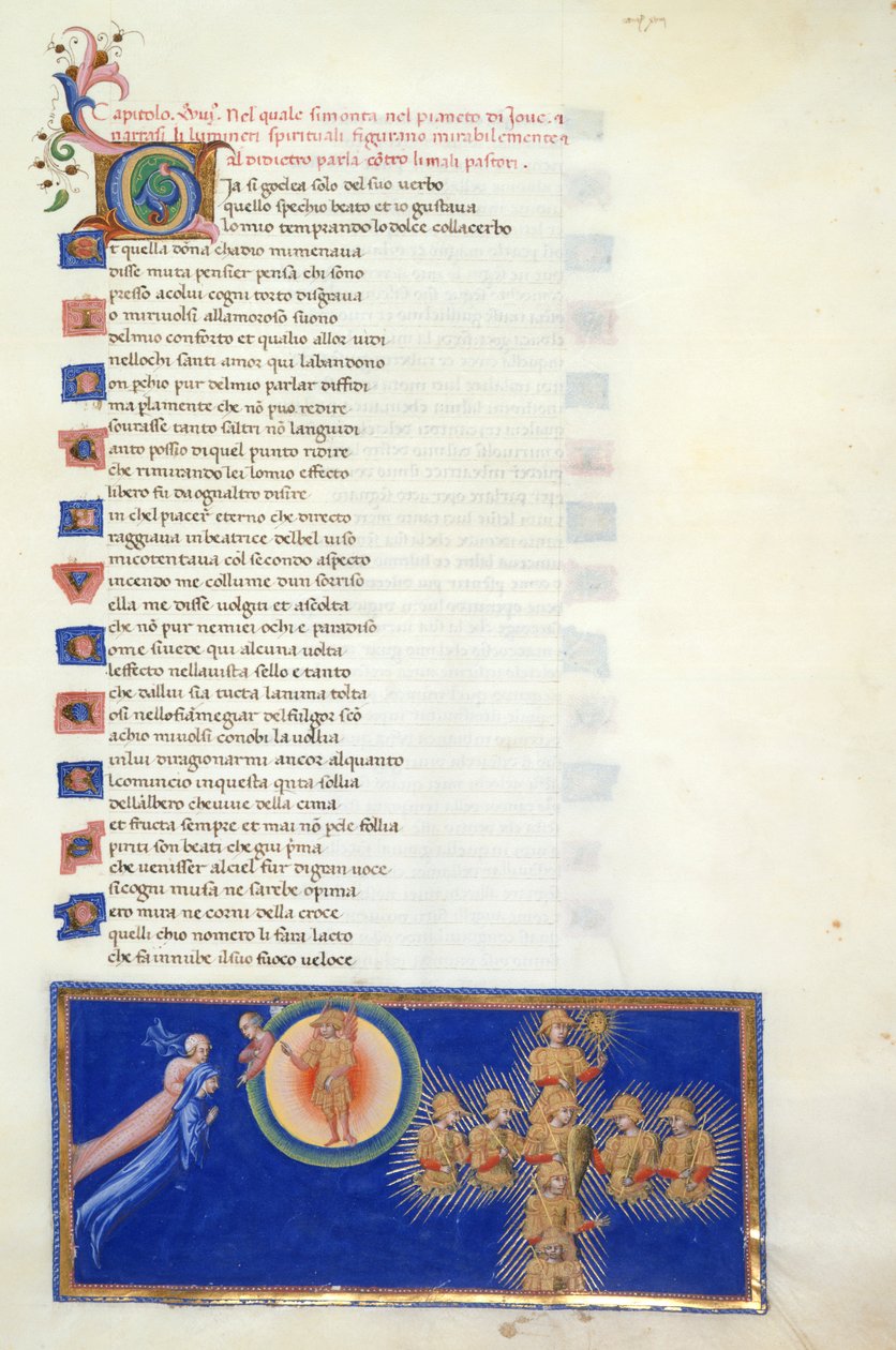 Paradiso, Canto XVIII. Miniatura ukazuje Danteho a Beatrice, jak se vznášejí před poloviční postavou Cacciaguidy, která je na okraji nebes na Marsu, která má uprostřed okřídlenou postavu Marsu. Danteovi je ukázáno osm svatých válečníků, kteří se objevují od Giovanni di Paolo