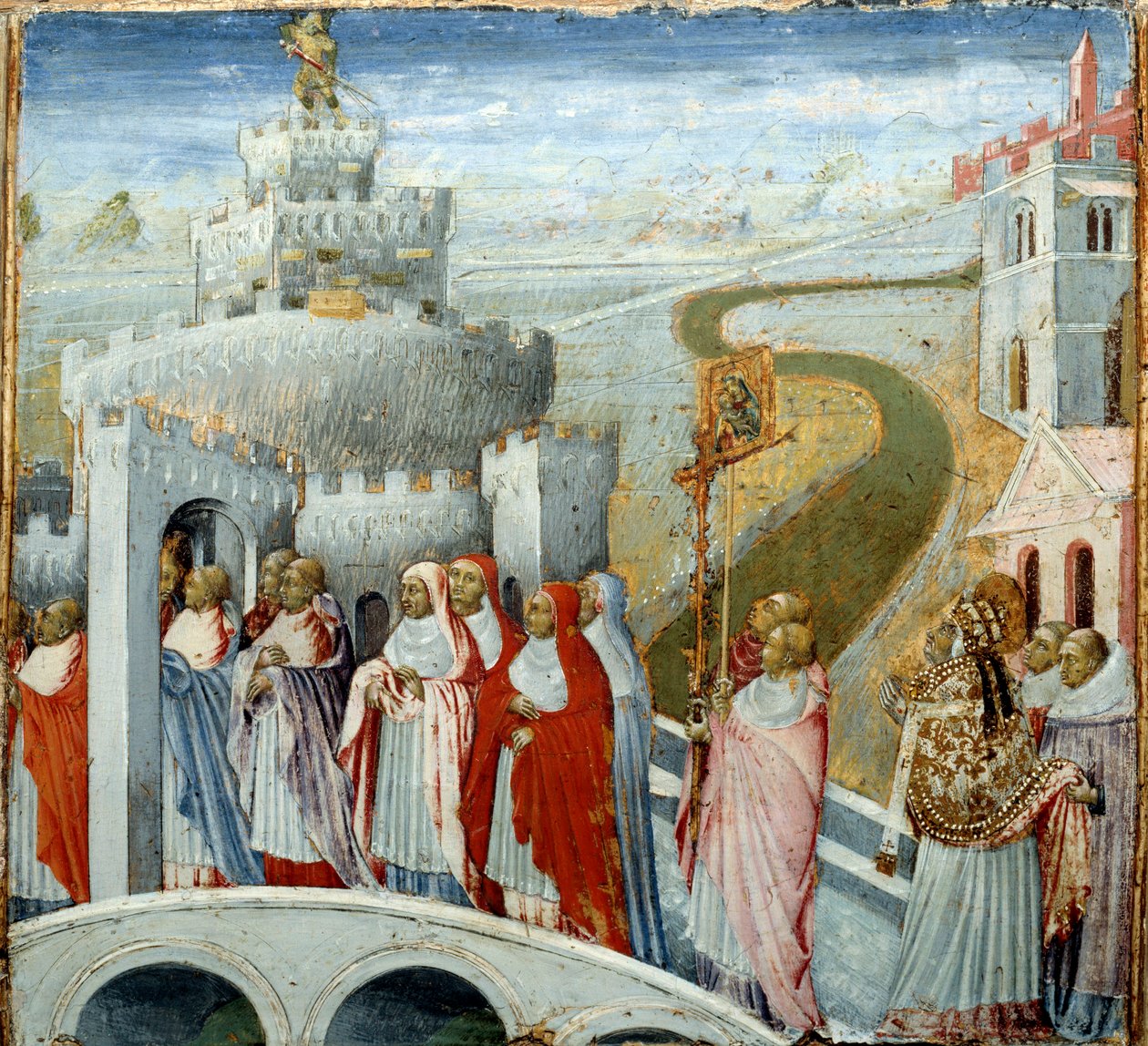 Průvod papeže Gregoire I řekl Veliký aneb Dialog (532-604) (vpravo) na Chateau Saint Angelo (Castel Sant