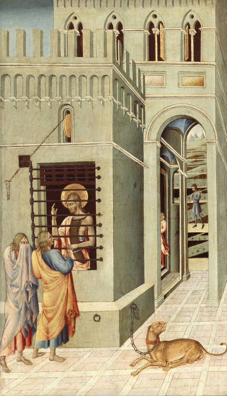 Svatý Jan Křtitel ve vězení navštíven dvěma učedníky od Giovanni di Paolo