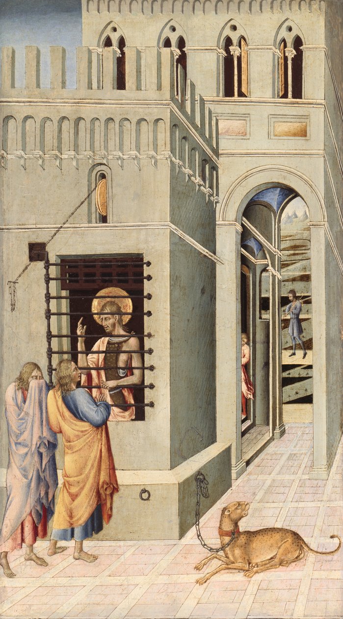 Svatý Jan Křtitel ve vězení navštíven dvěma učedníky od Giovanni di Paolo