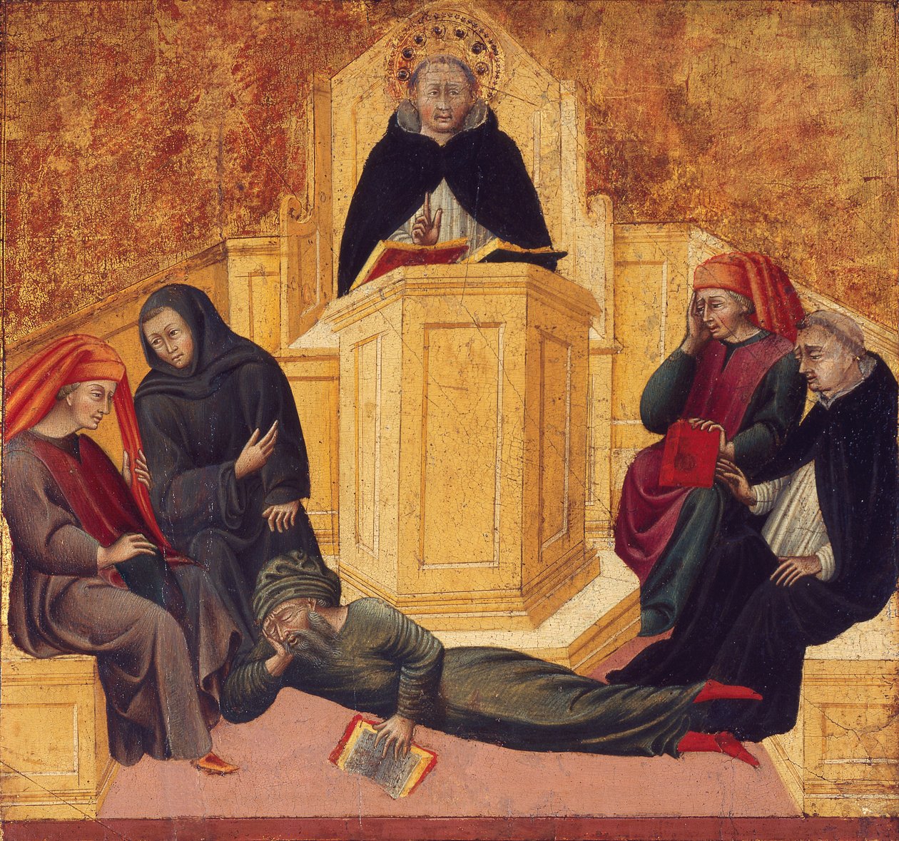 Svatý Tomáš Akvinský zmítá Averroësem od Giovanni di Paolo