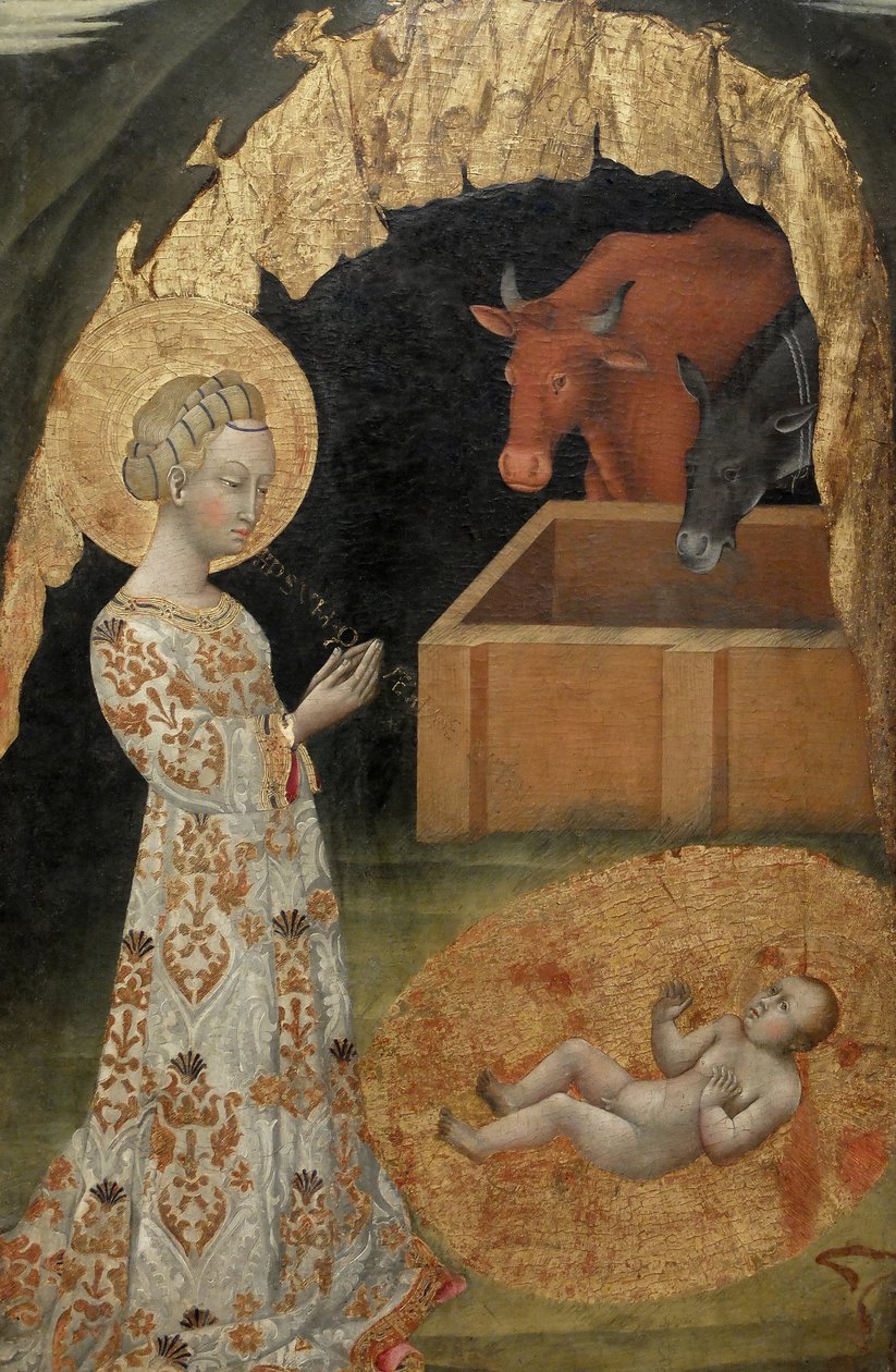 La Nativity, Saint Victtorino, Saint Ansano, centrální detail (malba na dřevě) od Giovanni di Paolo di Grazia