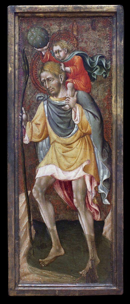 Svatý Kryštof nesoucí Ježíše Krista na ramenou. Obraz Giovanni Di Paolo Di Grazia (Giovanni dal Poggio od Giovanni di Paolo di Grazia