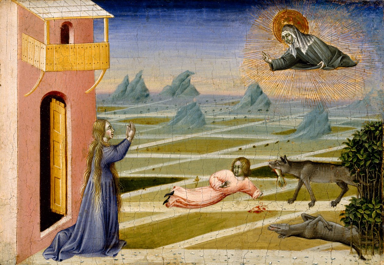 St. Clare Rescue a Child Mauled by a Wolf, c.1455-60 (tempera a plátkové zlato na panelu) od Giovanni di Paolo di Grazia