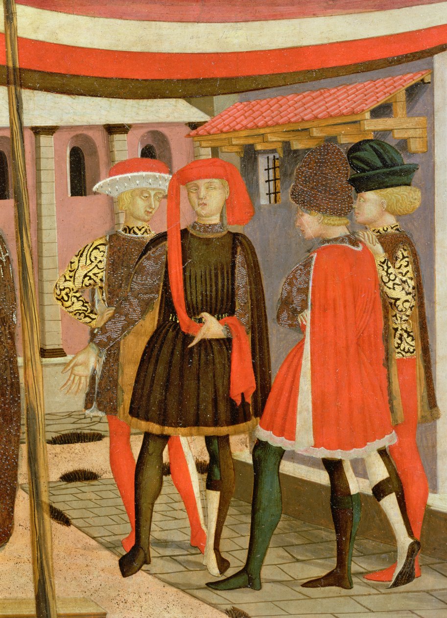 Přední strana z Adimari Cassone, detail čtyř mužů, cca 1450 tempera na paneludetail 80304 od Giovanni di Ser Giovanni