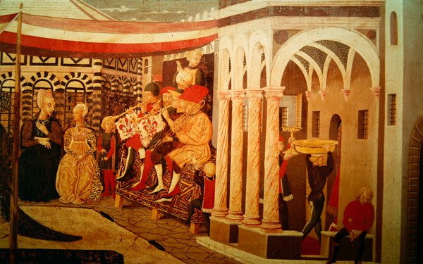 Přední strana z Adimari Cassone zobrazující svatební scénu před baptisterií, kolem roku 1450 od Giovanni di Ser Giovanni Scheggia