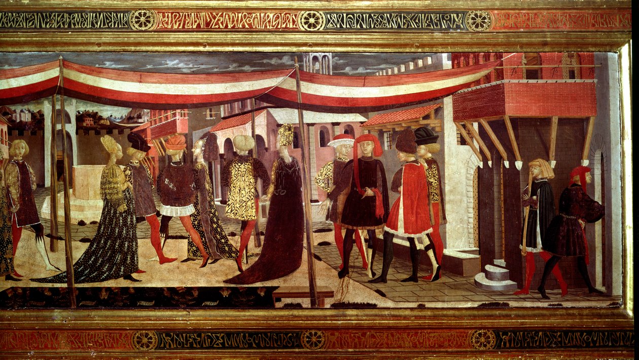 Renesanční svatební obřad Detail levé části panelu zdobícího Cassone Adimari. Svatební scéna na náměstí Piazza del Duomo (Plaza de la Cathedrale Santa Maria del Fiore). Páry v průvodu postupují pod baldachýn. Obraz Giovanni di Ser G od Giovanni di Ser Giovanni Scheggia