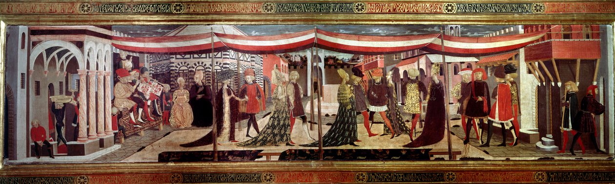 Svatební obřad má renesanční panel zdobící Cassone Adimari. Svatební scéna na katedrálním náměstí (Plaza de la Cathedrale Santa Maria del Fiore). Páry v průvodu postupují pod baldachýn. Obraz od Giovanniho od Sera Giovanniho Scheggia (1406- od Giovanni di Ser Giovanni Scheggia