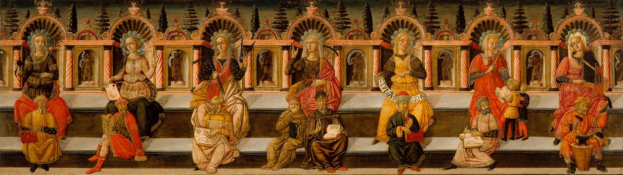 "Sedm svobodných umění" (aritmetika, geometrie, hudba, astrologie, logika, rétorika a gramatika) - Sedm svobodných umění - Malba Giovanni di Ser Giovanni od Giovanni di Ser Giovanni Scheggia