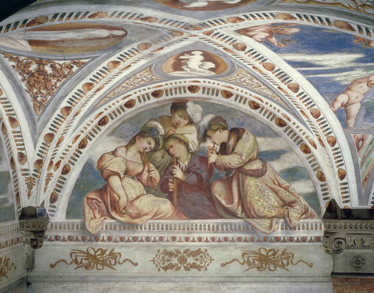 Rám zobrazující koncertní kvarteto hráčů na zobcovou flétnu, 1532 od Girolamo Romanino