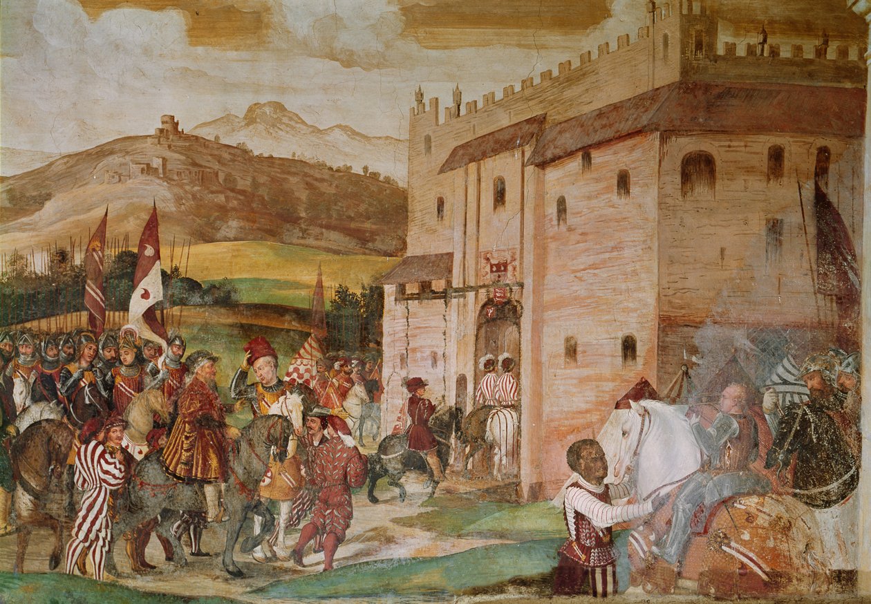 Přijetí dánského krále Kristiána I. kondotiérem Bartolomeem Colleonim na hradě Malpaga v letech 1474, 1520-30 od Girolamo Romanino
