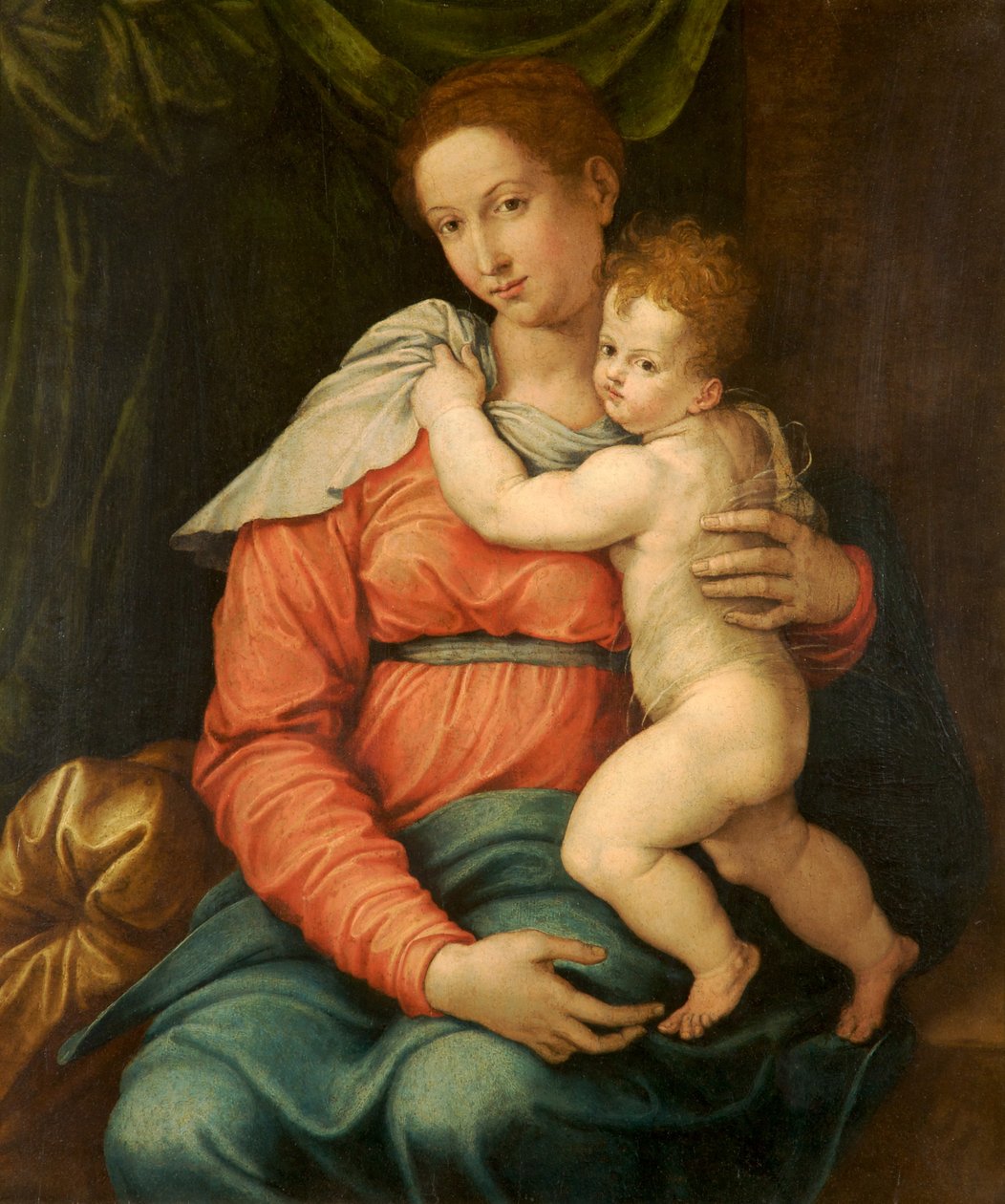 Panna a dítě před zelenou oponou od Girolamo Siciolante da Sermoneta