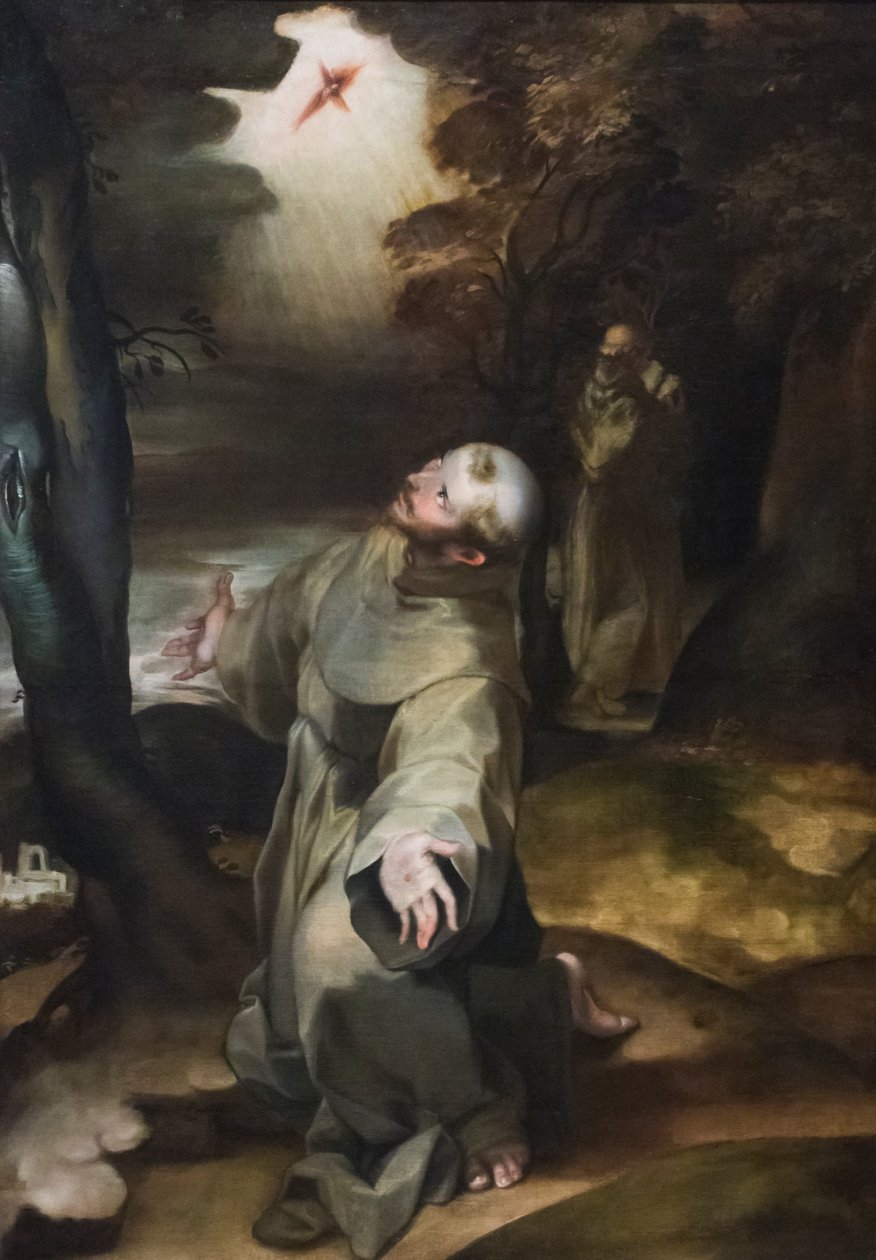 Svatý František přijímá stigmata (olej na dřevěné desce) od Girolamo (follower of) Muziano