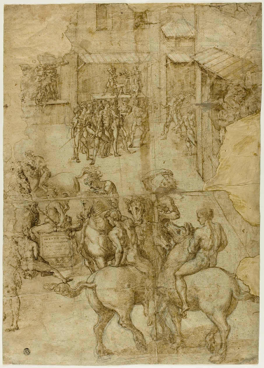 Mytologická přehlídka (recto); Nečitelné nápisy a anatomické studie hlavy (verso) od Girolamo Genga