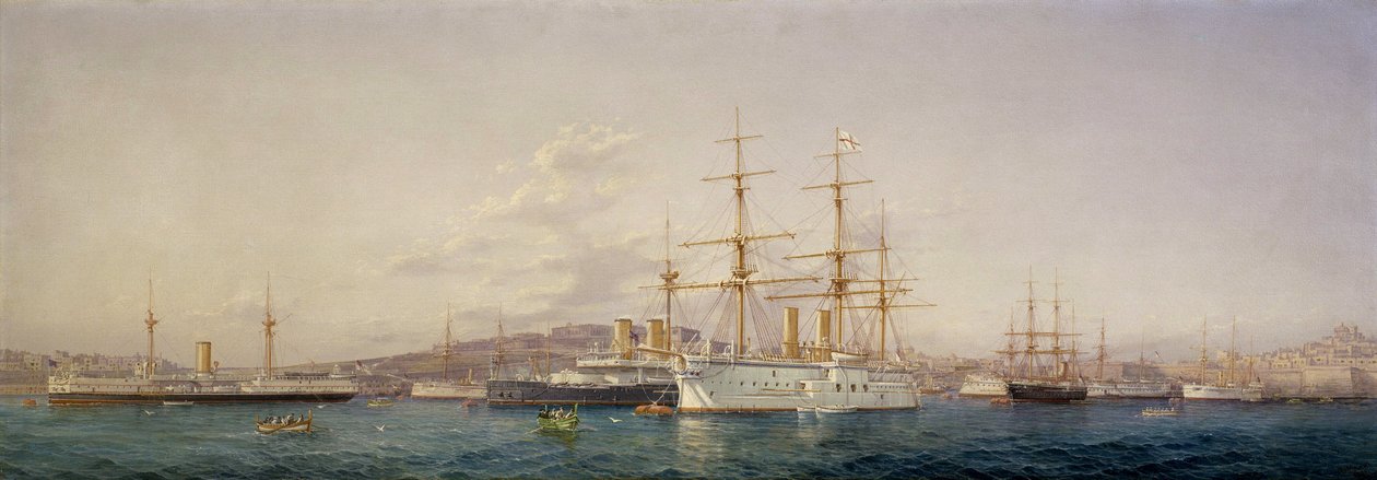 Loď HMS "Alexandra" na Maltě obklopují plavidla britské flotily, která ji doprovázejí. Olej na plátně od Girolamo Gianni