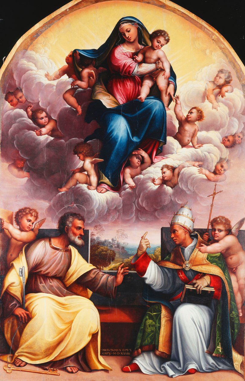Madona s dítětem ve slávě se svatými Petrem a Řehořem Velikým sporem a anděly od Girolamo Marchesi da Cotignola