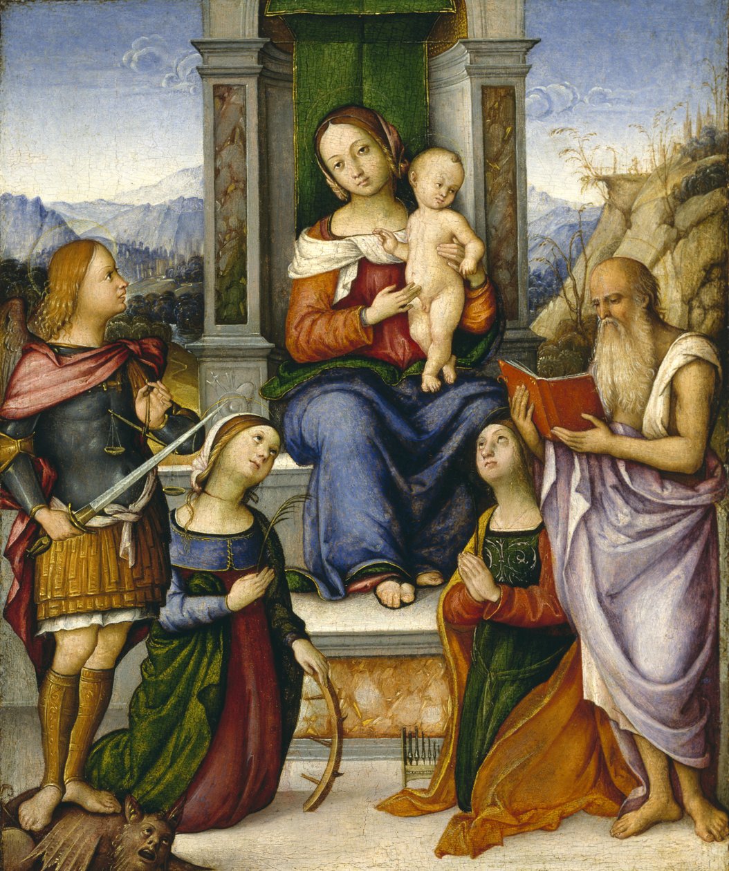 Panna a dítě na trůnu se svatými Michaelem, Kateřinou Alexandrijskou, Cecilií a Jeronýmem, kolem roku 1512 od Girolamo Marchesi da Cotignola