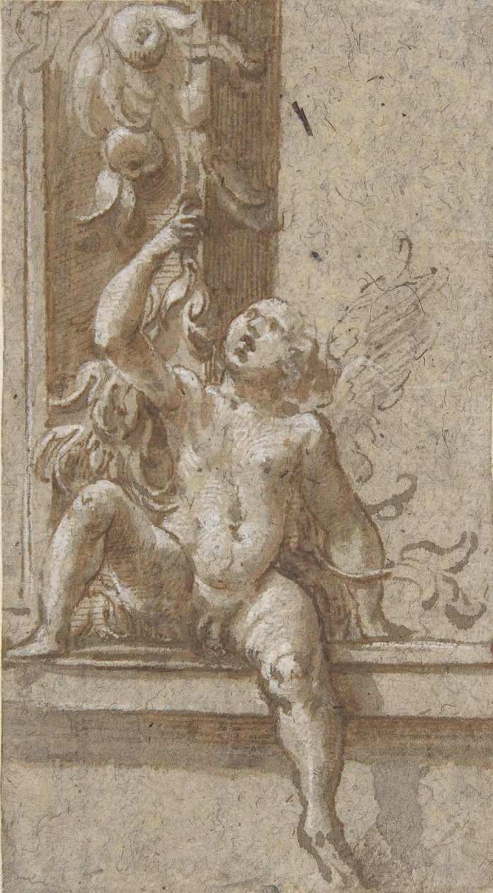 Putto sedící na rámu, ca. 1538-40. od Girolamo Mazzola Bedoli