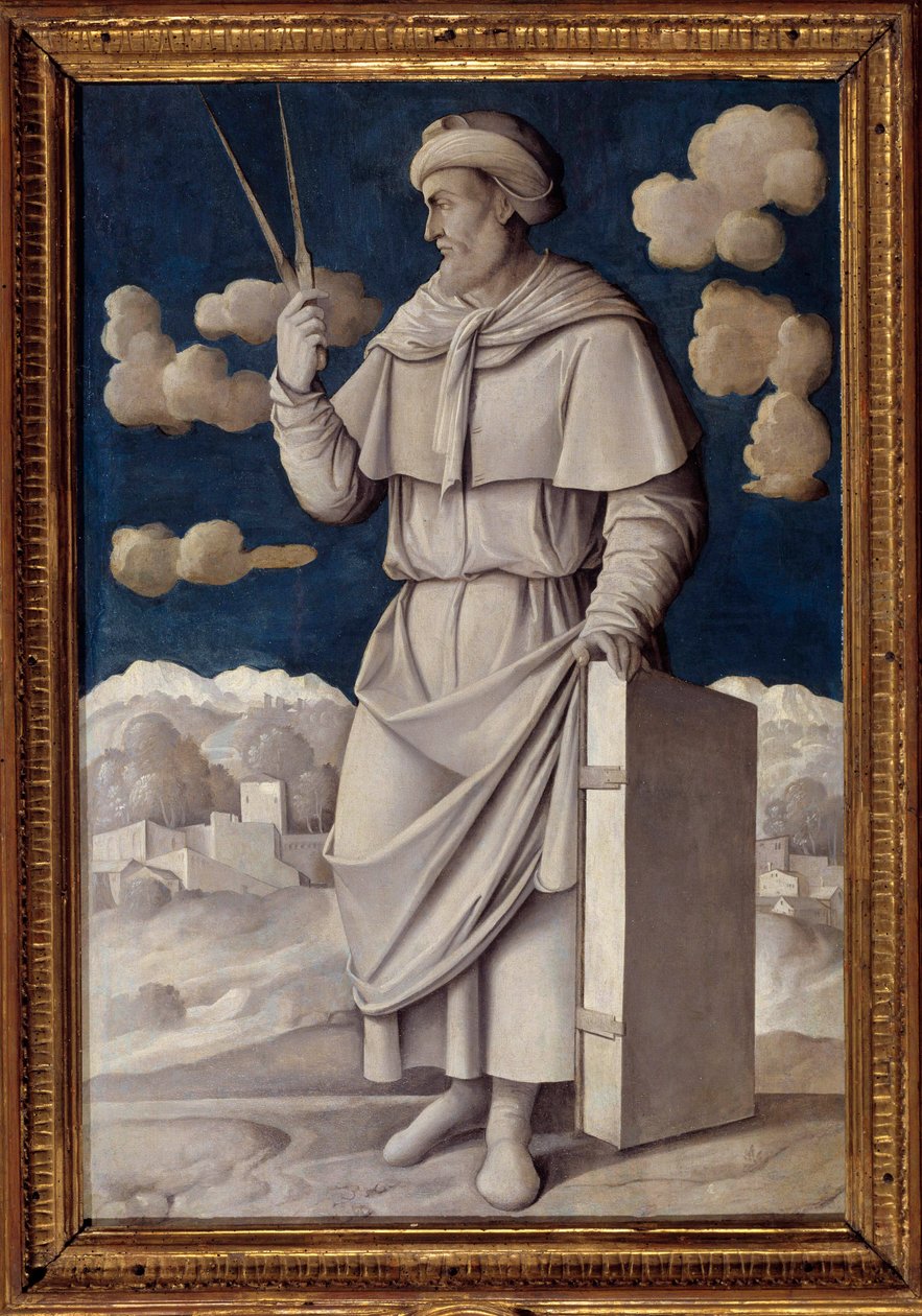 Portrét na úpatí Euklida (325-265 př.nl), řecký matematik Malba Girolamo Mocetto (1458-1531) 1531 Paříž. Musee Jacquemart Andre - Celovečerní portrét Euklida (325-265 př.nl), anglický matematik. Obraz od Girolama Mocetta (1458-1531) od Girolamo Mocetto
