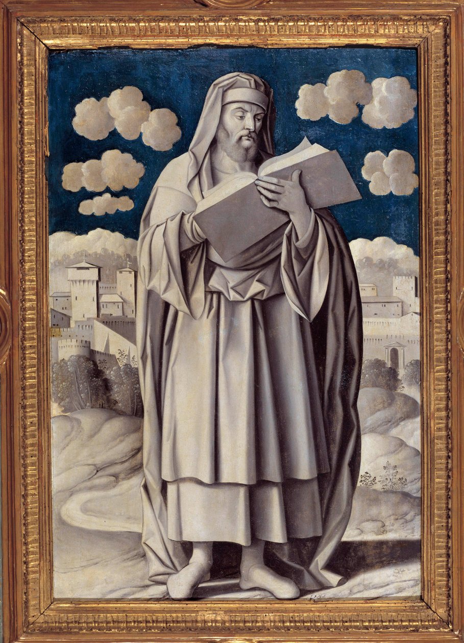 Portrét na nohou řeckého filozofa Aristotela (384-322 př.nl) Malba Girolama Mocetta (1458-1531) 1531 Paříž. Musee Jacquemart Andre - Celovečerní portrét řeckého filozofa Aristotela (384-322 př.nl). Obraz Girolama Mocetta (1458-1531) 15 od Girolamo Mocetto