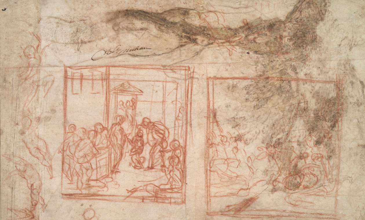 Studie stromu (r); Figurové a kompoziční studie (v) od Girolamo Muziano