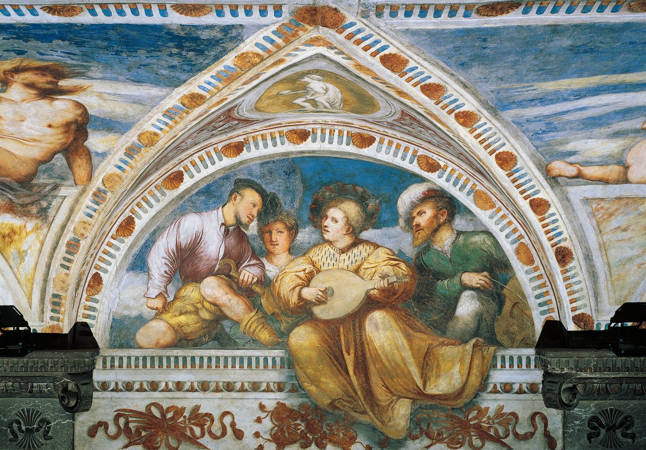 Hráč na mandolínu, Detail fresek od Girolama Romanina (cca 1484-po 1559), objednáno Bernardo Clesio od Girolamo Romanino