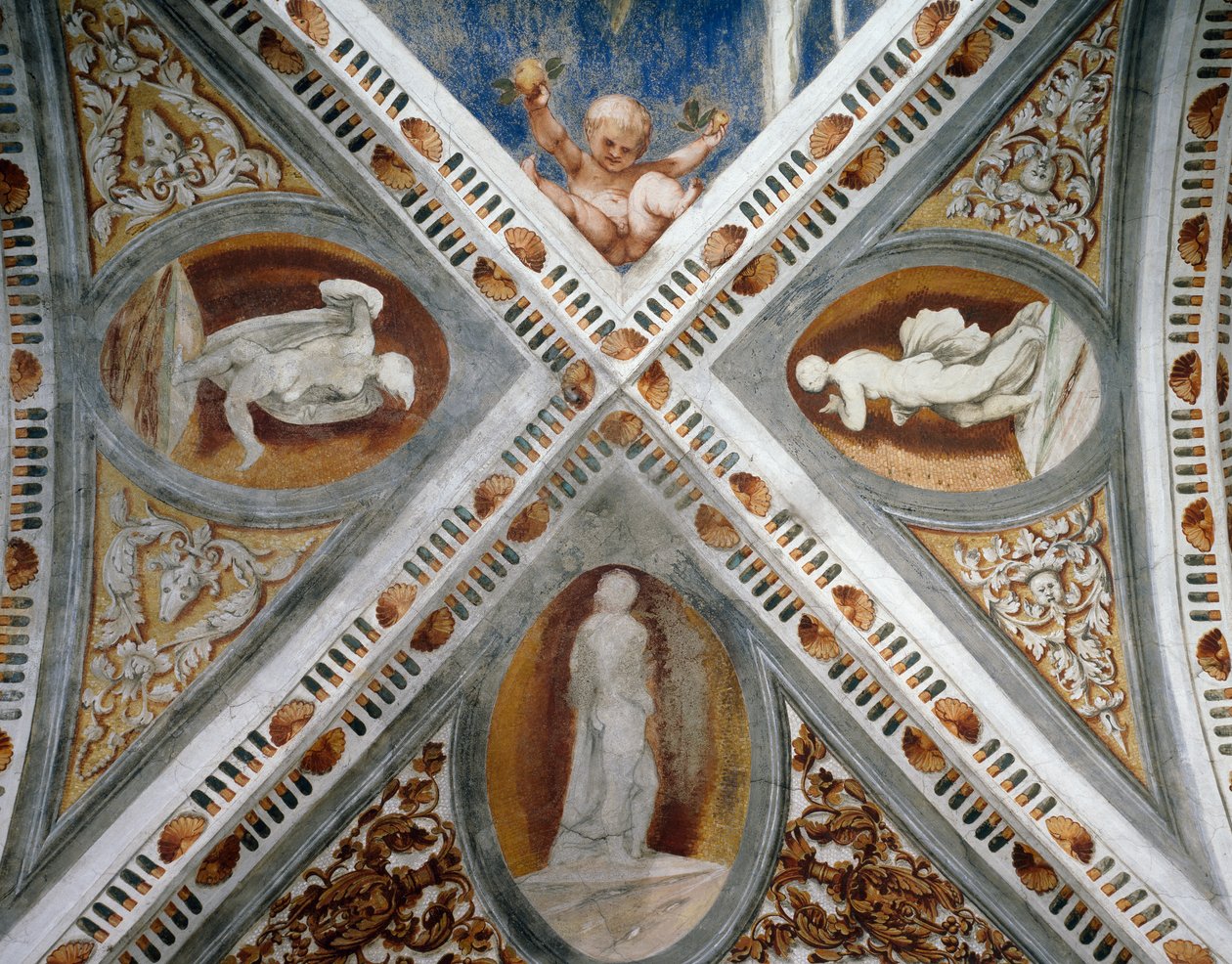 Mozaikové výklenky a sochy, Detail fresek od Girolama Romanina (cca 1484-po 1559), na objednávku Bernarda Clesia od Girolamo Romanino
