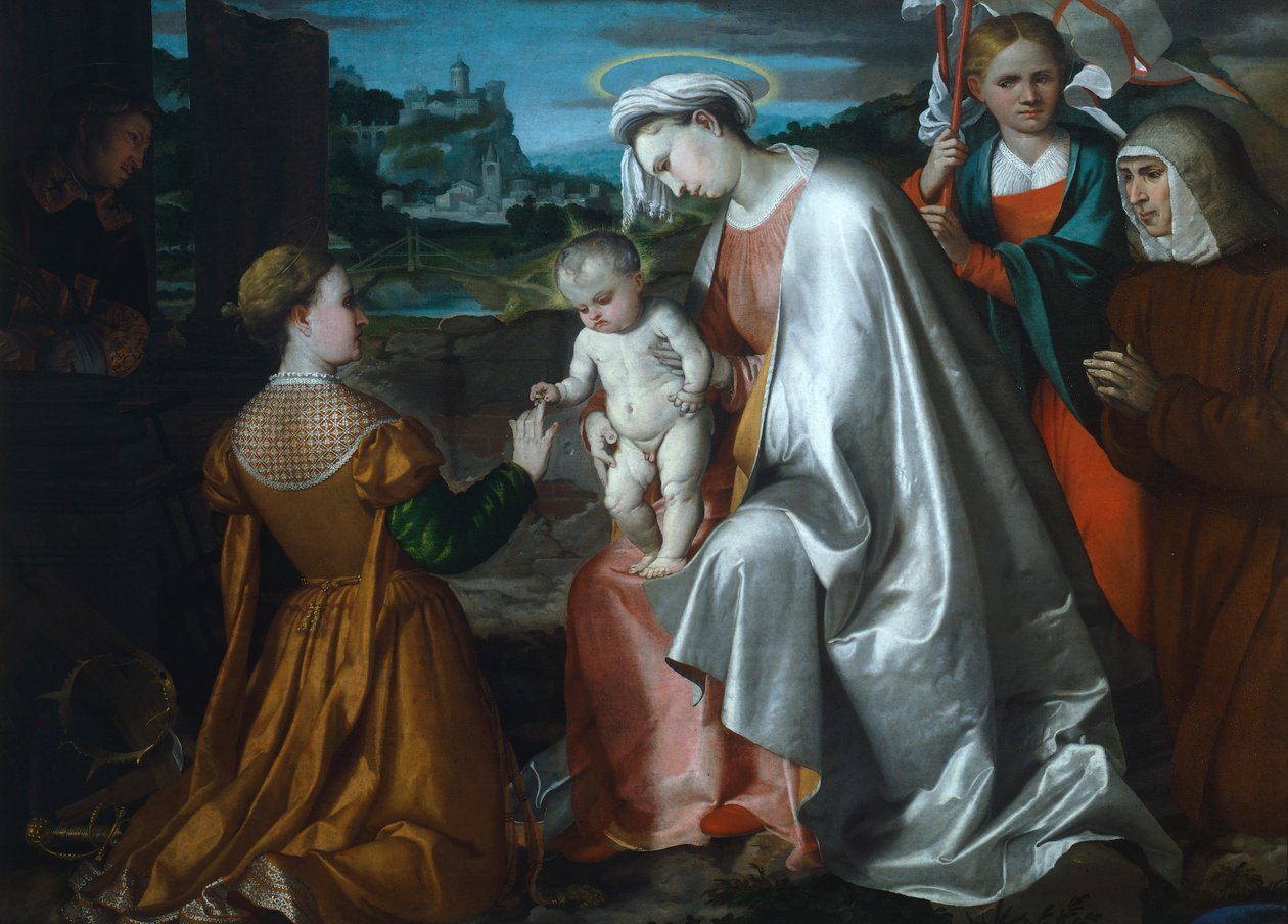 Mystický sňatek svaté Kateřiny za přítomnosti svatých Uršuly, Vavřince a Angely Merici od Girolama Romanina (asi 1484-po 1562) od Girolamo Romanino