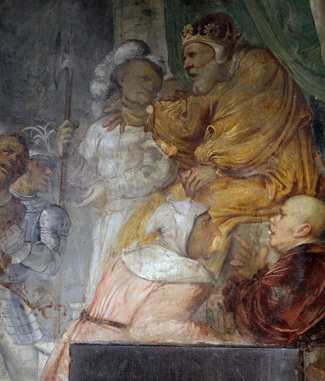 Nabuchodonozor, detail ze zázraku tří Danielových společníků, freska od Girolama Romanina (asi 1484-po 1562), detail pravé stěny kostela sv. Antonína opata, Breno. Itálie od Girolamo Romanino