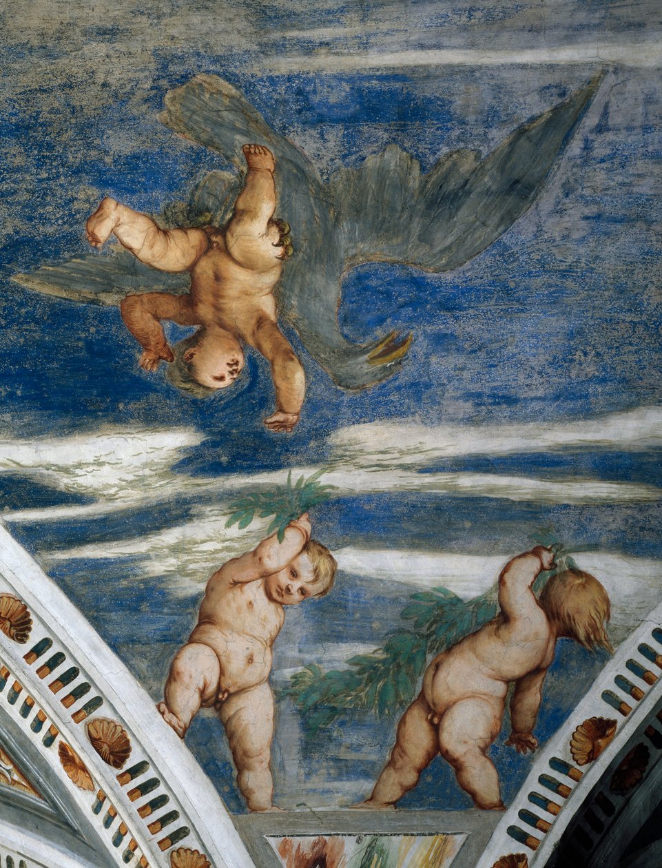 Znásilnění Ganymeda a putti, mozaikové výklenky a sochy, Detail fresek od Girolama Romanina (cca 1484-po 1559), na objednávku Bernarda Clesia od Girolamo Romanino