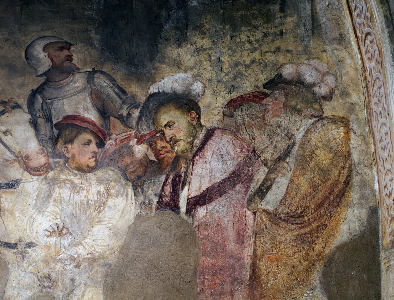 Voják v brnění a muži v klobouku, detail fresky od Girolama Romanina (asi 1484-po 1562), levá stěna presbytáře kostela sv. Antonína opata, Breno. Itálie od Girolamo Romanino