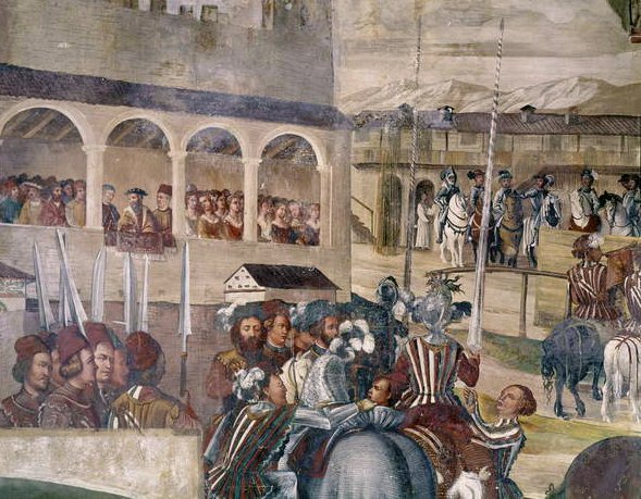 Turnaj na počest Kristiána I. Dánského v Castello di Malpaga, detail z levé strany, 1520-30 od Girolamo Romanino