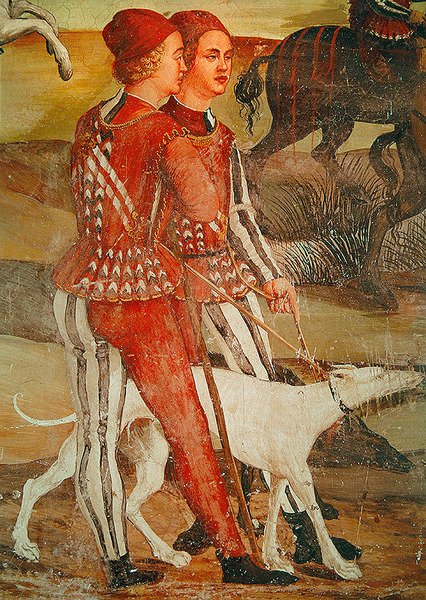 Dvě stránky a jejich pes, detail lovecké scény, kolem 1520-30 od Girolamo Romanino