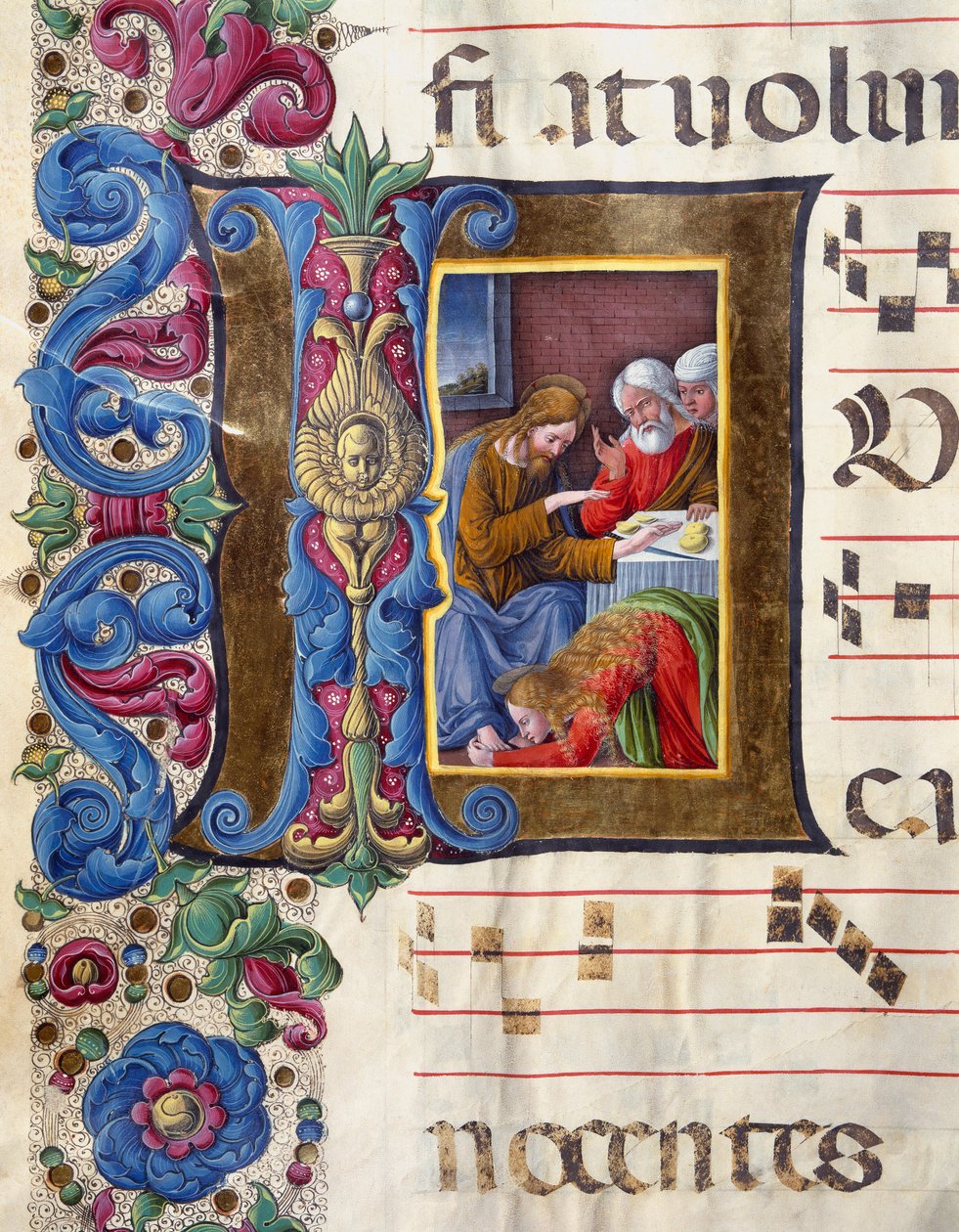 Hlavičkový papír Decoree zobrazující Máří Magdalénu u nohou Ježíšovy miniatury od Girolama da Cremona (činný kolem 1451-1483) a Liberale da Verona (1445-1529) z chóru (Cod. 22/7. c.15v) z katedrály v Sieně . Katedrála (Duomo) z 15. století od Girolamo da Cremona