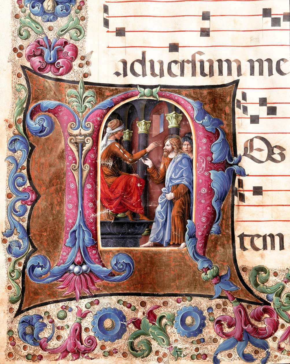 Decoree nápis představující Ježíše Krista před miniaturou Piláta Pontského od Girolama da Cremona (činný kolem 1451-1483) a Liberale da Verona (1445-1529) z chóru (Cod. 22/7. c.22.) z Cathedrale of Siena. Katedrála z 15. století (Duom od Girolamo da Cremona