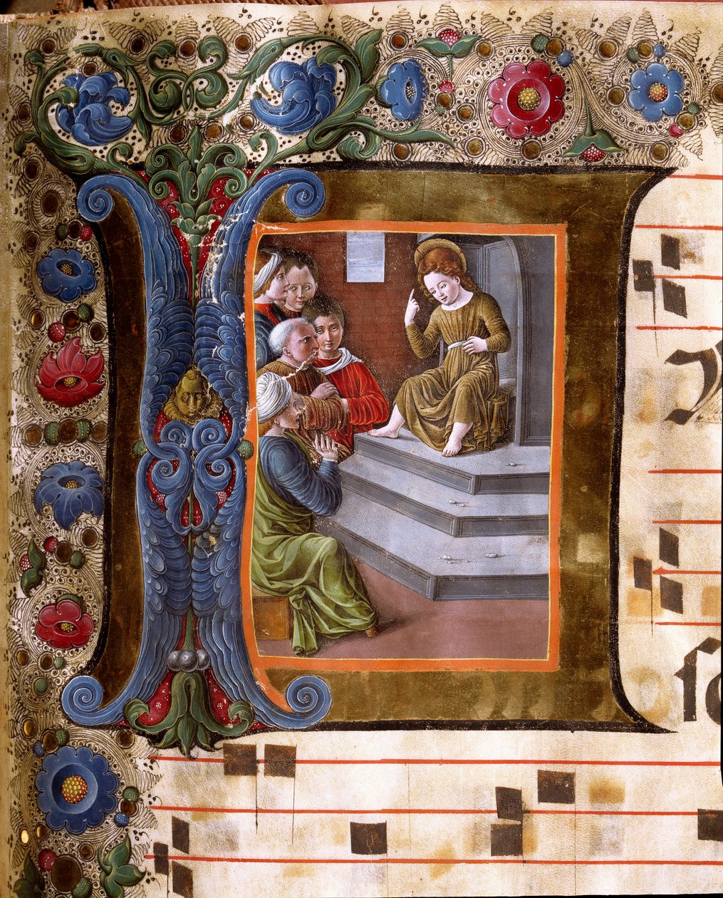 Decoree lettrine zobrazující Ježíška a miniaturní doktory z Girolamo da Cremona (aktivní kolem 1451-1483) a Liberale da Verona (1445-1529) z chóru (Cod. 19/4. c.13.) z katedrály v Sieně. Katedrála (Duomo) z 15. století v Sieně, It od Girolamo da Cremona