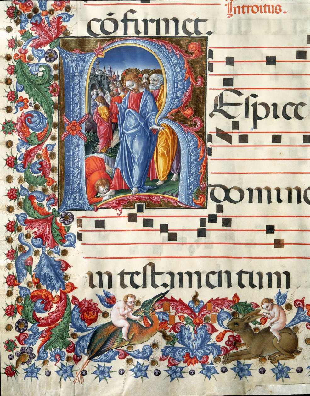 Decoree lettrine zobrazující miniaturu Krista a malomocného od Girolama da Cremona (činný kolem 1451-1483) a Liberale da Verona (1445-1529) z chóru (Cod. 19/4. c.26.) z katedrály v Sieně. Katedrála (Duomo) z 15. století v Sieně, Itálie od Girolamo da Cremona