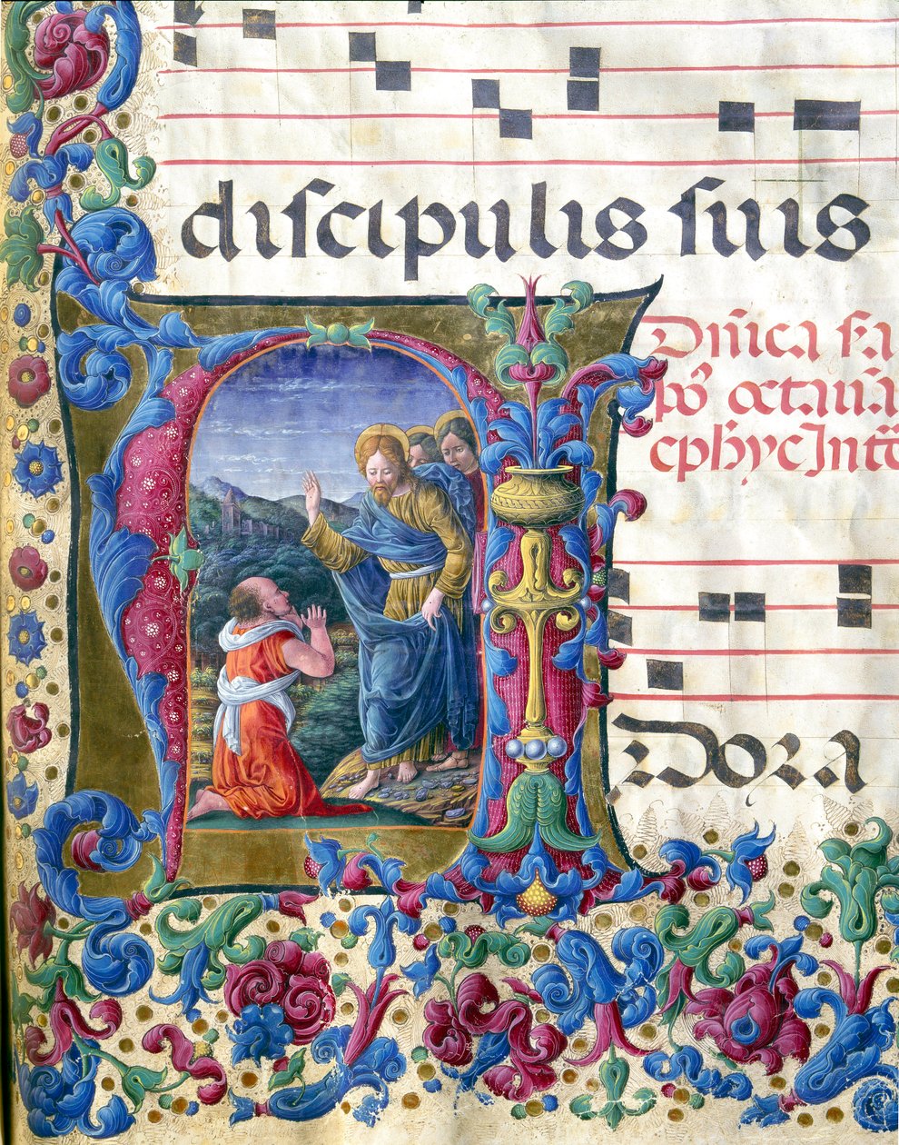 Decoree lettrine představující vizi miniatury Izajáše od Girolama da Cremona (aktivního kolem 1451-1483) a Liberale da Verona (1445-1529) z chóru (Cod. 19/4. c.9v.) z katedrály v Sieně. Katedrála (Duomo) z 15. století v Sieně, Itálie od Girolamo da Cremona