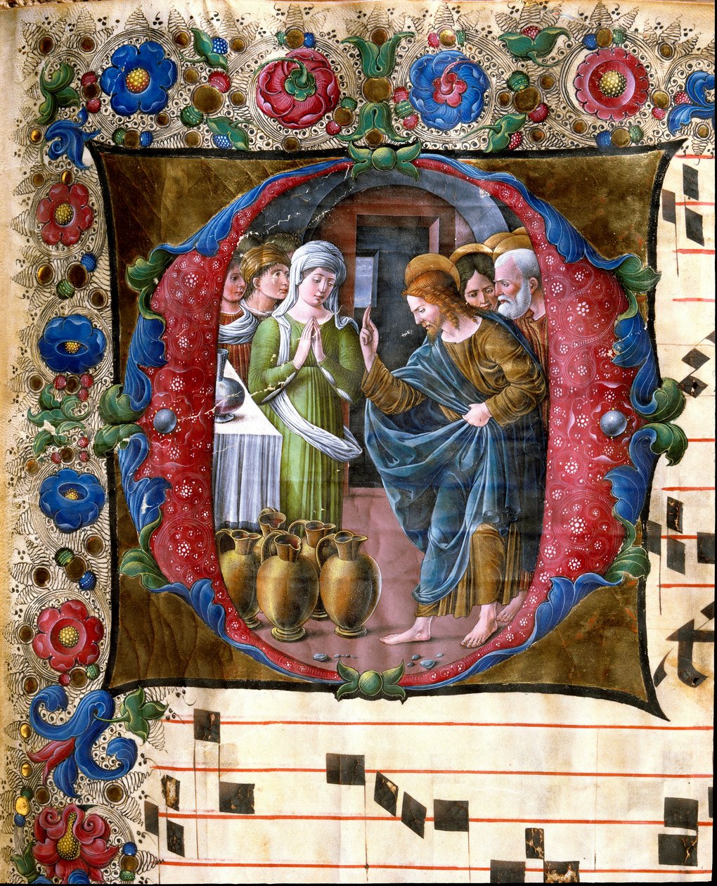 Decoree lettrine představující svatbu miniatury Cana od Girolama da Cremona (aktivní kolem 1451-1483) a Liberale da Verona (1445-1529) ze sboru (Cod. 19/4. c.19v.) z katedrály v Sieně. Katedrála (Duomo) z 15. století v Sieně, Itálie od Girolamo da Cremona