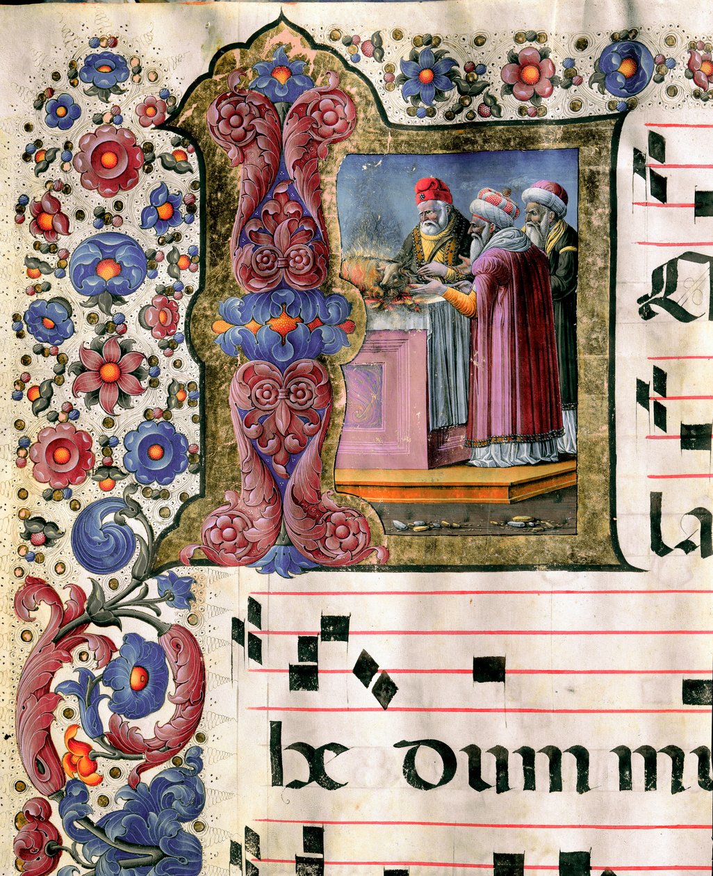 Miniaturní obětní scéna od Girolama da Cremona (činného kolem 1451–1483) ze sboru (Cod. 10/L. c.114v.) z katedrály v Sieně. Katedrála (Duomo) z 15. století v Sieně, Itálie od Girolamo da Cremona