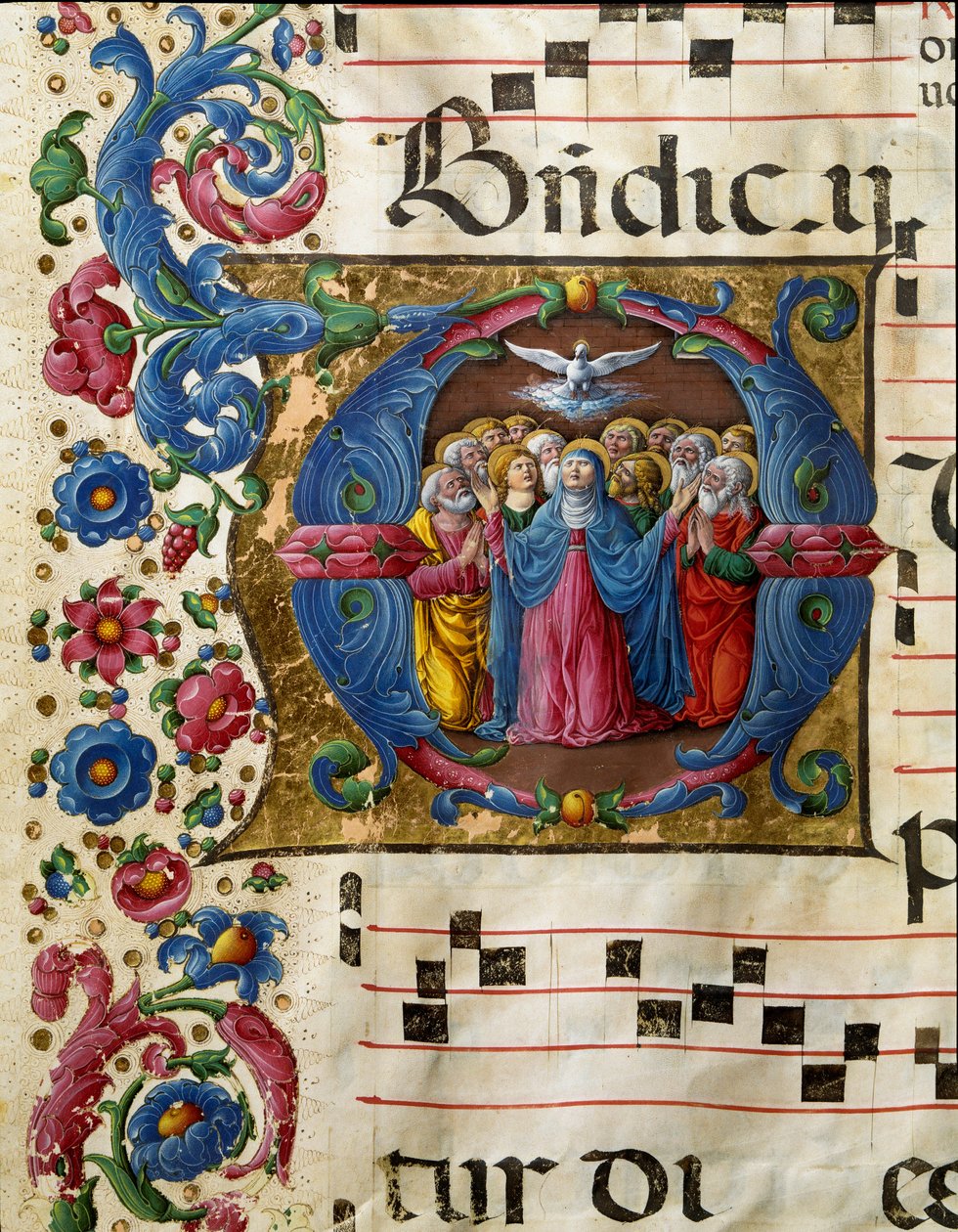 Holubice Ducha svatého se zjevuje Panně Marii a apoštolům. Miniatura od Girolama da Cremona (činného kolem let 1451-1483) z chóru (Cod. 10/L. c.32v) ze sienské katedrály. Katedrála (Duomo) v Sieně, Itálie, 15. stol. od Girolamo da Cremona