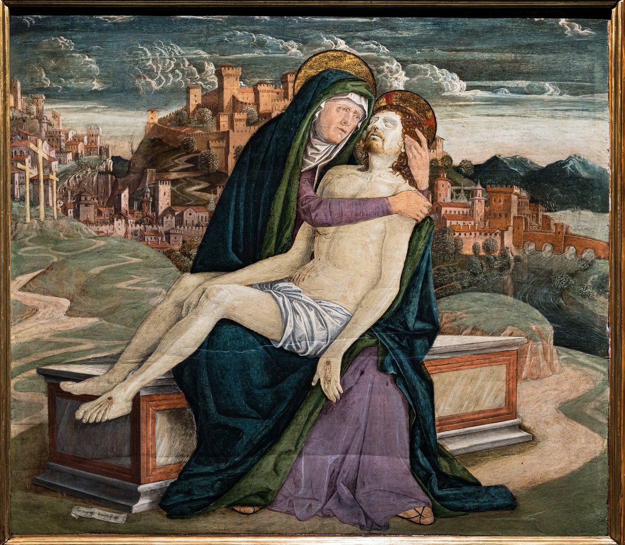 Oplakávání, Gerolamo da Treviso Starý, c.1495-7. V pozadí opevněné město, které by mohlo představovat benátskou vesnici jako Soave nebo Marostica. od Girolamo da Treviso the Elder